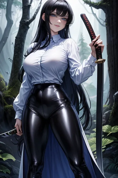 Masterpiece, high quality full length portrait of 1 woman (maduro)) YOUNG), Holding a katana, (long sleeve white shirt), (shiny black leggings), beautiful thin face, detailed face, long hair, (black hair), BIG BREASTS, pale and light skin, detailed eyes, (...