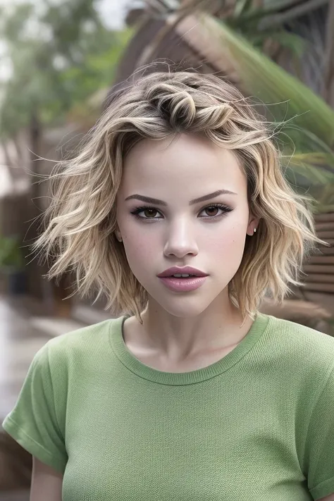 headshot photo of photo of halstonsage, focus on face, wearing a tshirt and jeans , her hair is styled as fluffy pixie, outdoor