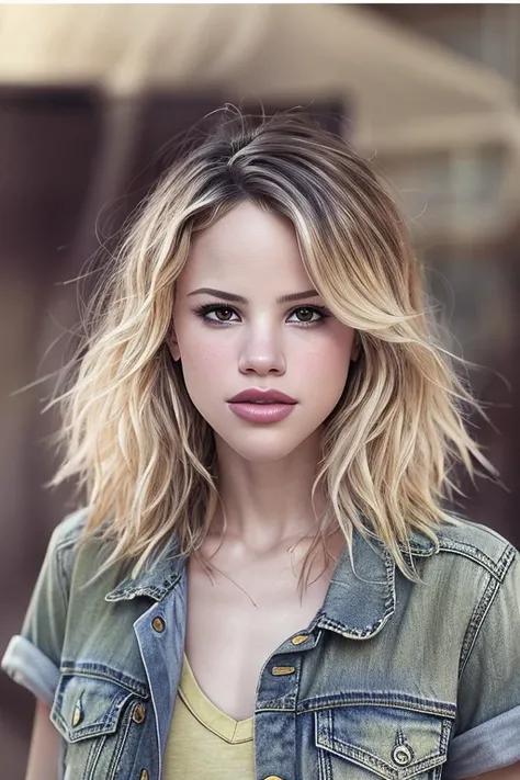 headshot photo of photo of halstonsage, focus on face, wearing a tshirt and jeans , her hair is styled as fluffy pixie, outdoor