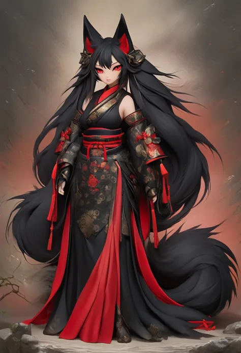 Beautiful black Kitsune, red eyes, highly detailed face, highly detailed eyes, big breasts, mature woman, several black kitsune tails, soft long Black Kitsune ears, Wearing Red And Black Shogun Armor, wide waist