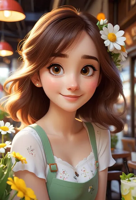 (disney pixar style:1.2) (cute adorable girl:1.1) (adult aged 20:1.15), white, hazel eyes, happy and with a full body and flower...