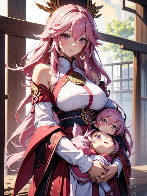 yae miko, 1woman, as a mother, holding a little baby, pink colour hair, 8k, high detailed, high quality