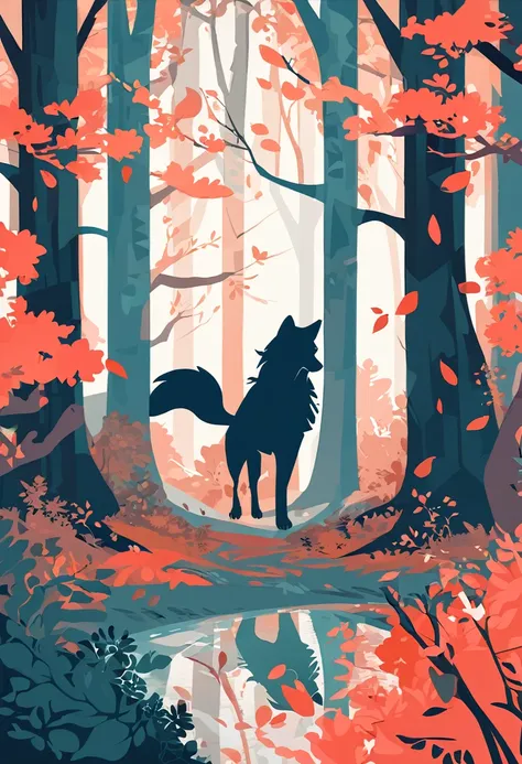 wallpaper of smartphone, A girl and a wolf meet in the forest, flat Design, vector illustrations, graphic illustration, detailed 2d illustration, flat illustration, digital illustration, digital artwork,