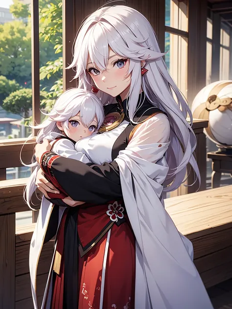 yae miko, 1woman, as a mother, holding a little baby boy, white colour hair, 8k, high detailed, high quality