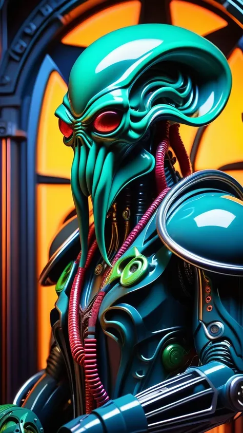 Cult of Cthulhu, Cartoon artwork, Cthulhu cartoon, pixar art, sharp bright colours, cartoon style, Cult of Cthulhu, ((cyborg, cyberpunk)), steampunk, robotic parts, bright colours, reflection, ultra detailed, beautiful studio soft light, mannequin, rim lig...