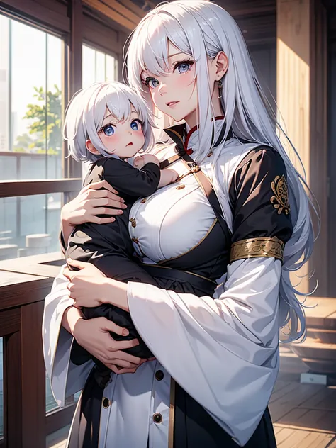 ningguang, 1woman, as a mother, holding a little baby boy, white colour hair, 8k, high detailed, high quality