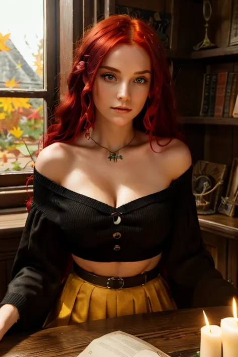 gorgeous artistic punk woman、artistic punk creative witch,  (long, flowing red hair:1.3) , cropped off-the-shoulder sweater and ...