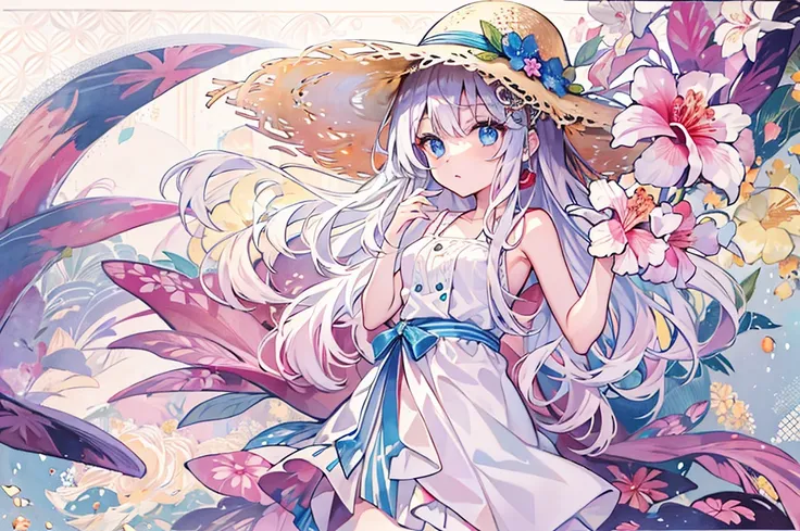 girl, looking far away, hibiscus,Blue eyes, big eyes,droopy eyes, With blue flower hair ornament  ,sundress,straw hat,ビーチ、Slender body, full body, White long hair ,watercolor