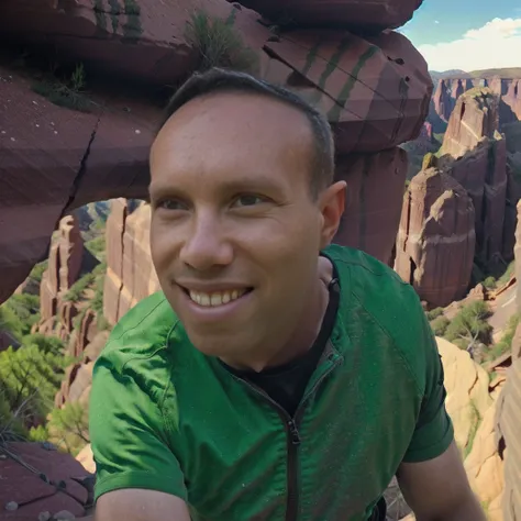 a man (todder8 todder1) hiking at the bottom of a canyon with rocks and boulders, wearing a backpack, detailed face and figure, ...