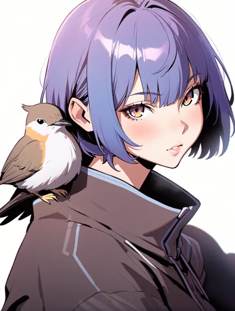 {{{sincos (sincos), Kuvshinov ilya (Kuvshinov ilya), no human}}}, 1 girl, 1 bird, short hair, purple and blue hair, lips slightly parted, looking at viewer, beautiful face, bird sitting on shoulder, blank background, white background.