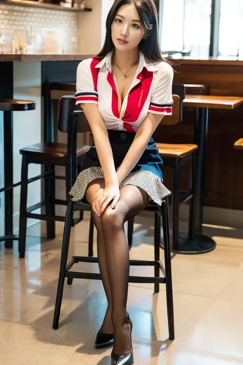 (Highest quality、Ultra-high resolution、masterpiece、8K)、(Delicate face、Detailed eyes and face、Watery eyes、double eyelid、Glossy lips), ((1 girl)) 、Very beautiful woman、Slender、Slim Big、Sharp long legs、Alluring and sexy、(A brightly colored collared shirt:1.2)...