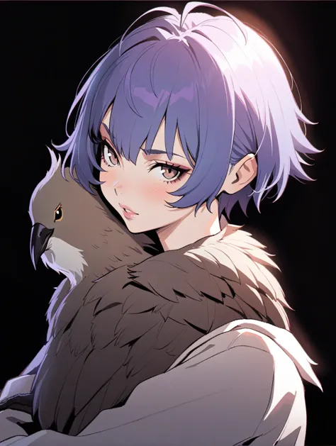 {{{sincos (sincos), Kuvshinov ilya (Kuvshinov ilya), no human}}}, 1 girl, 1 bird, short hair, purple and blue hair, lips slightly parted, looking at viewer, beautiful face, bird sitting on shoulder, blank background, white background.