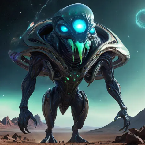 cinematic shot of giant buff alien,((full body shown)), big wide eyes, galaxy reflextion in the eyes, the alien got galaxy skin,...