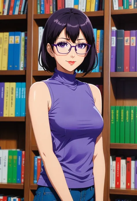 (A 27 year old anime girl in blue purple casual high neck sleeveless t-shirt standing in front of a bookshelf:1.3), Alone, female anime character, anime visual of a young woman, bob haircut, red painted lips, thick lips, black hair, wearing glasses, big br...