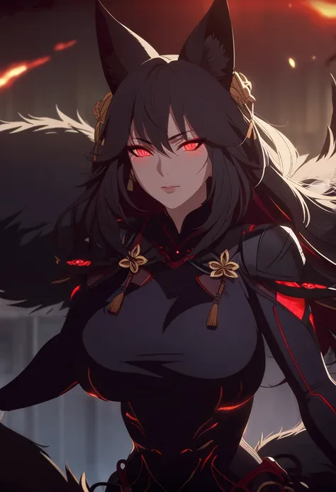 beautiful detailed black kitsune, red glowing eyes, highly detailed realistic face, extremely detailed eyes, big breasts, mature woman, several long black kitsune tails, soft long black kitsune ears, wearing red and black bodysuit, wide waist, 8k, high qua...