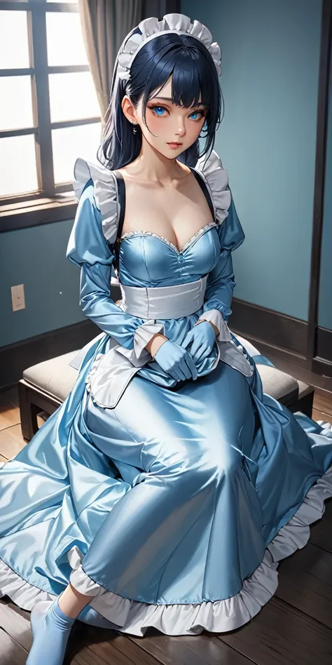 Portraiture、(masterpiece,Highest quality,Ultra-high resolution),Japanese women, (((Very beautiful 25 year old girl))),(Pale blue satin maid outfit)、(Pale blue satin long skirt)、(Pale blue satin long sleeve shirt)、Pale blue satin gloves、Pale blue satin sock...