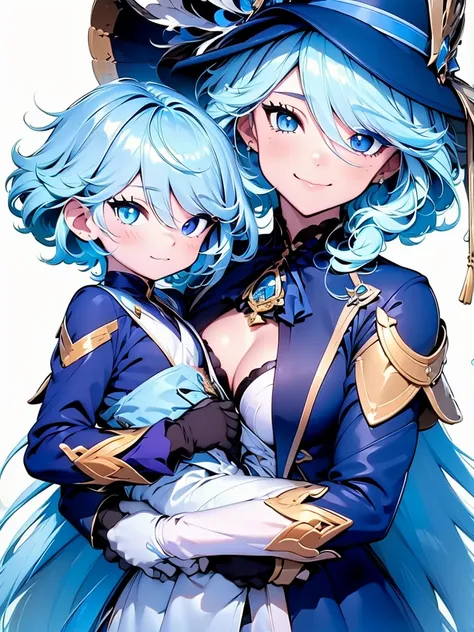 Furina from Genshin impact, 1woman, as a mother, holding a little baby boy, light blue colour hair, 8k, high detailed, high quality