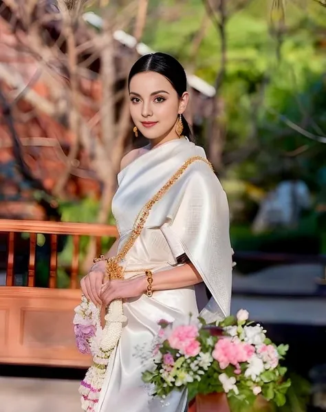 Aarav woman in a golden dress stands in front of a building., Sukhothai dress, Dilraba Dilmurat, traditional beauty, Wear elegant clothes, traditional this tradition, Wear luxurious clothes, this tradition, Traditional clothing, Thai girl anime, traditiona...