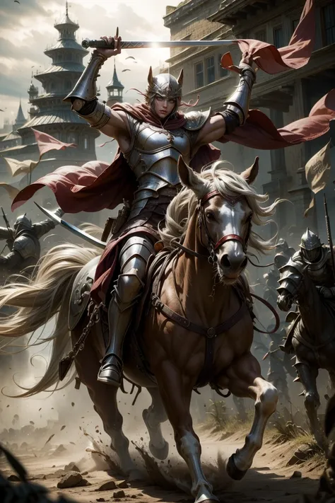 sexy swordsman knight woman riding on a horse on the battlefield