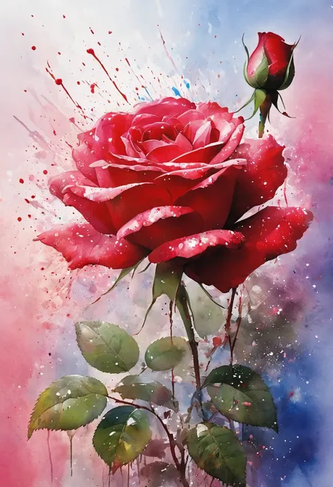 a rose painting with a splatter background and spray paint effect, by eugeniusz zak, watercolor art, by károly lotz, watercolor ...