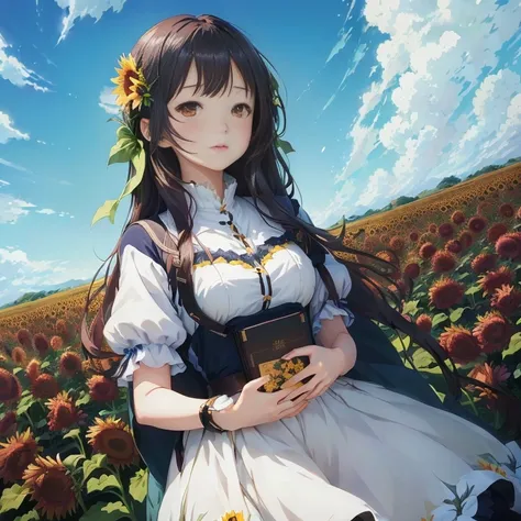 anime girl in a field of flowers holding a book, beautiful sunflower anime girl, official art, official artwork, anime visual of a cute girl, in field high resolution, marin kitagawa fanart, in a field of flowers, standing in a flower field, girl in a flow...