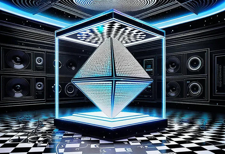 3D Floating Holographic Hexahedron Box Luminous Object:1.3), (impressive holographic representation:1.3), Create a fantastic music box from the future., floating over the dim and bright weathered ground, (((Musical notes are drawn to give the impression th...