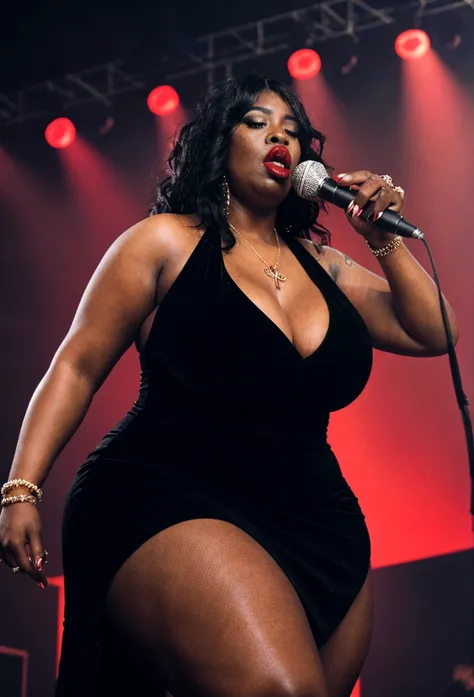 Busty 250 pound obese  ((black female rapper on stage with a man Deejay:1.3)).  She has (( unreal, oversize, large saggy tits showing massive gross cleavage:1.2)) and holding a (microphone on a stand:1.1). ((she is wearing makeup, dark red lipstick, a cros...