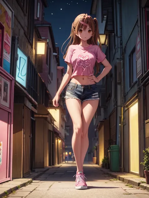 girl, slim tight t-shirt, slim skirt, pink thong, navel shown, street background, openlegs, in sneakers, night, narrow alley bet...