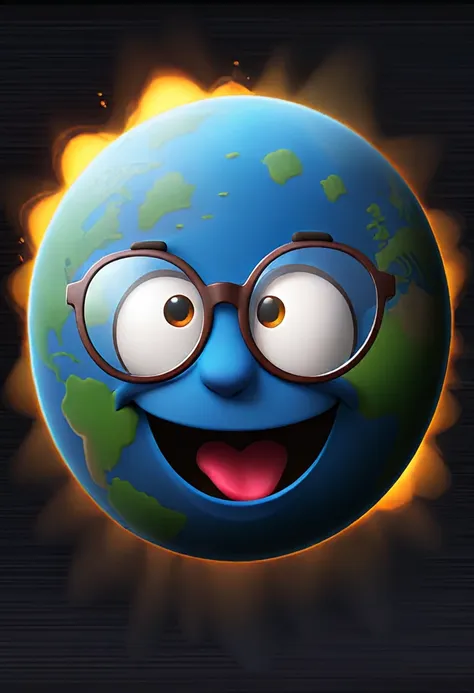 smiley emoji wearing glasses, asteroid hitting erupting earth, on dark background