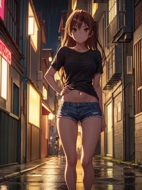 girl, slim tight t-shirt, short skirt, black thong, navel shown, street background, openlegs, in sneakers, night, narrow alley b...