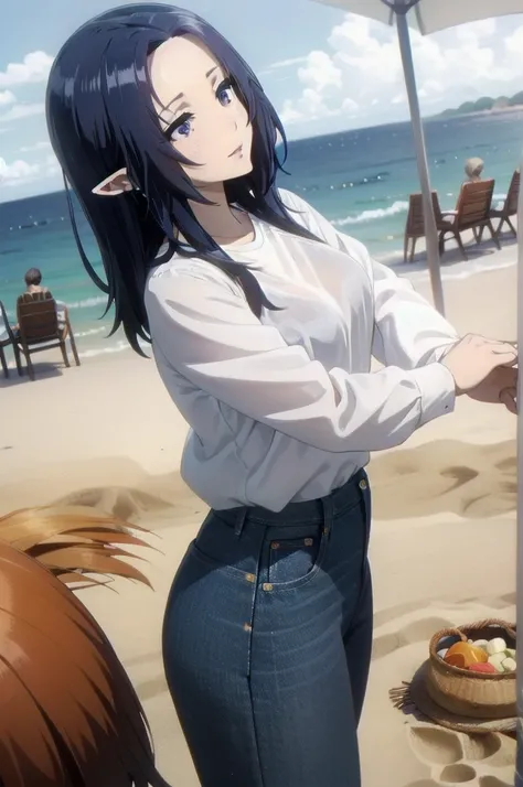 ,dark blue hair,,long hair,blue eyes,pointy ears,elf,(((white shirt,jeans,clavage))),on the beach
