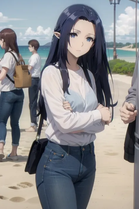 ,dark blue hair,,long hair,blue eyes,pointy ears,elf,(((white shirt,jeans,clavage))),on the beach
