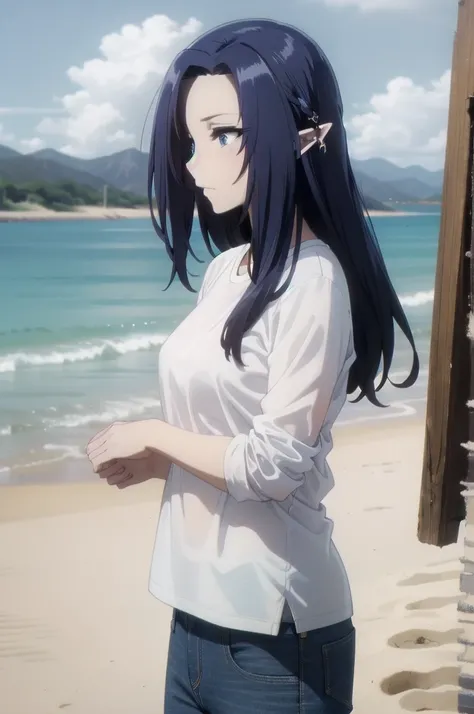 ,dark blue hair,,long hair,blue eyes,pointy ears,elf,(((white shirt,jeans,clavage))),on the beach
