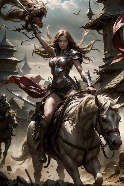 sexy swordsman knight woman riding on a horse on the battlefield