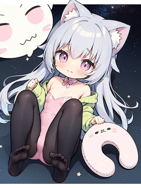 Cat ear、Gray-haired、((Pink leotard))、（High leg）、Look forward、defeat、Black tights、No shoes on、Starry sky background、Embarrassed face