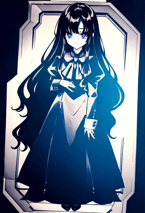 a gothic beauty with long dark hair and bangs no background full body front view