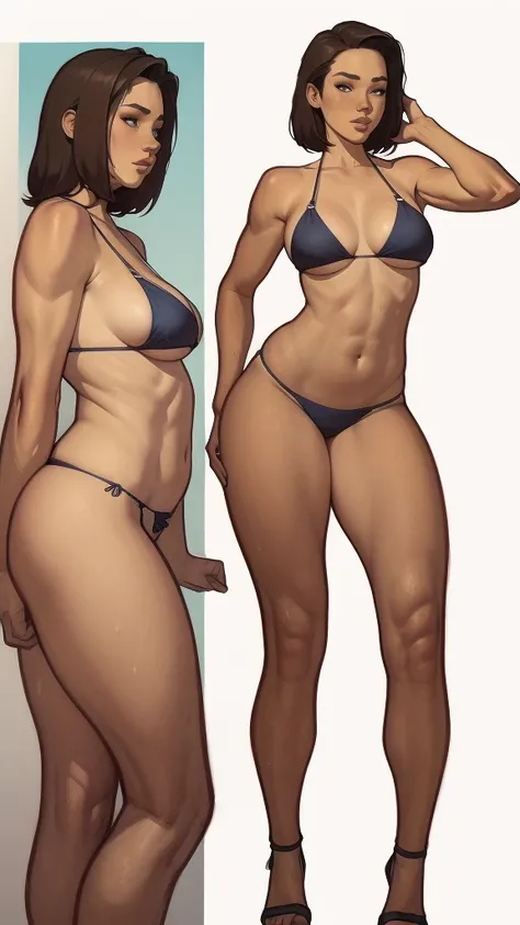 a close-up of a woman in a bikini and bikini, realistic bikini, full-length portrait of a short!, deviantart artstation cgscosiety, artist reference photo pose, realistic shaded perfect body, full-body photos, artist reference images pose, reference templa...