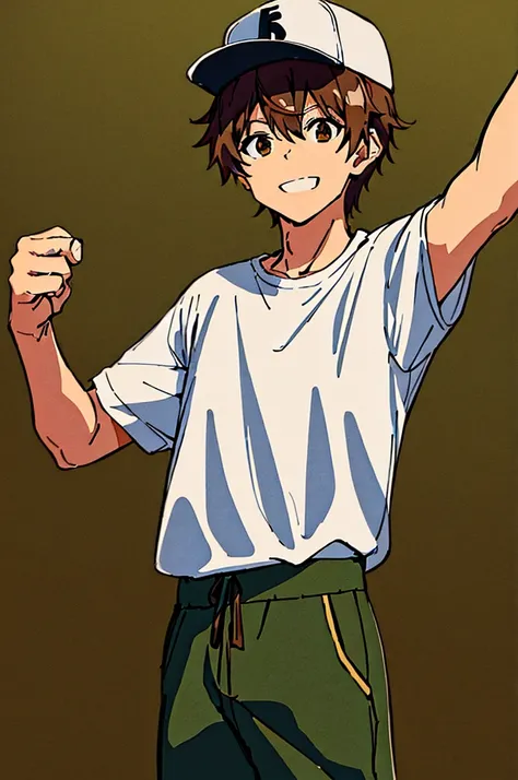 An anime girl wearing khaki brown cargo joggers, a white t-shirt, with a hat, and that he is smiling and raising his hand greeting me, con a white t-shirt con marrón