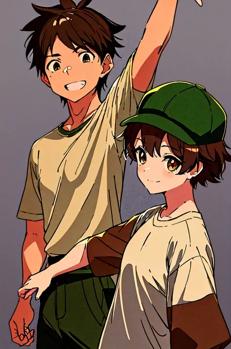 An anime girl wearing khaki brown cargo joggers, a white t-shirt, with a hat, and that he is smiling and raising his hand greeting me, con a white t-shirt con marrón