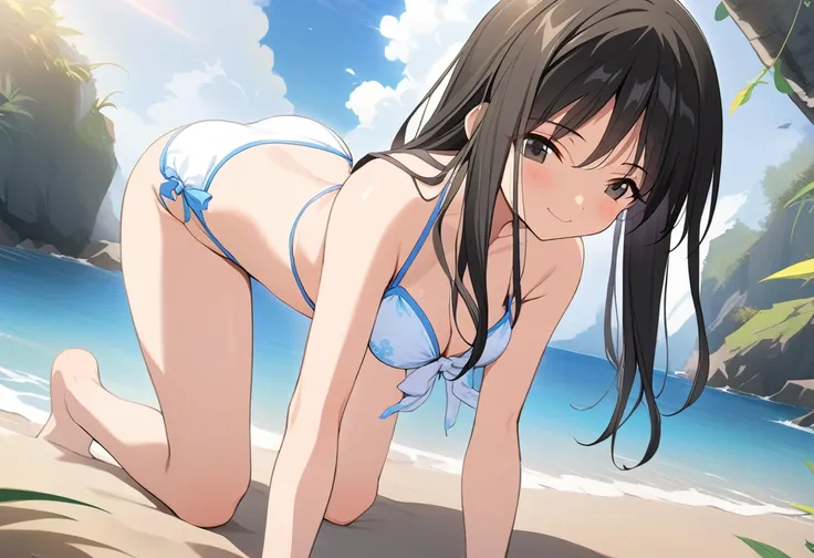 One girl,((Tsubame)),smile、Gentle expression、Welcome、Ocean、beach、slender body,ideal ratio body proportions,Cute Bikini、Sexy pose,all fours、A complete depiction of the human body,masterpiece, Highest quality, Game CG, ultra detailed、highres、extremely detail...