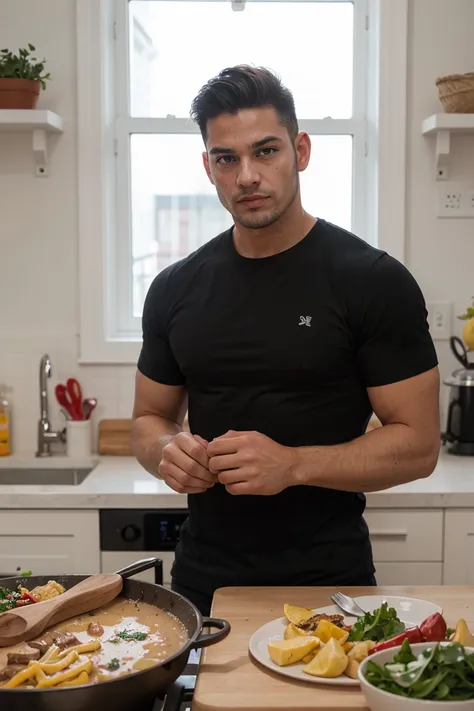 real image of a latin model man with short black hair athletic body, short beard, cooking in the kitchen, window light.