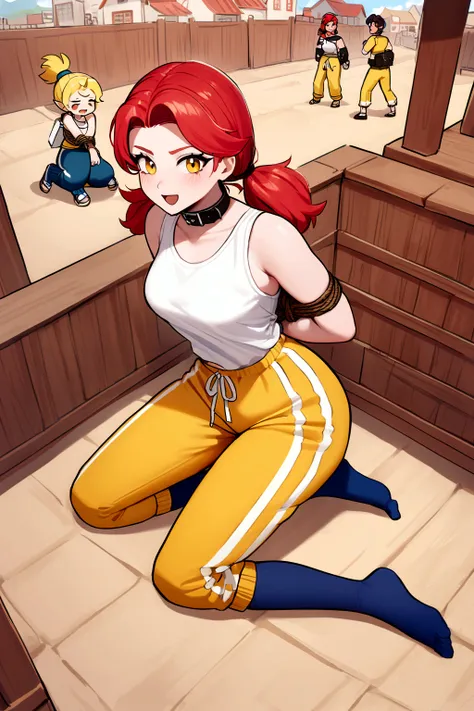 janet, janet brawl stars, red hair, red twintails hair, low twintails, happy, white t-shirt, white color sleeveless t-shirt, whi...