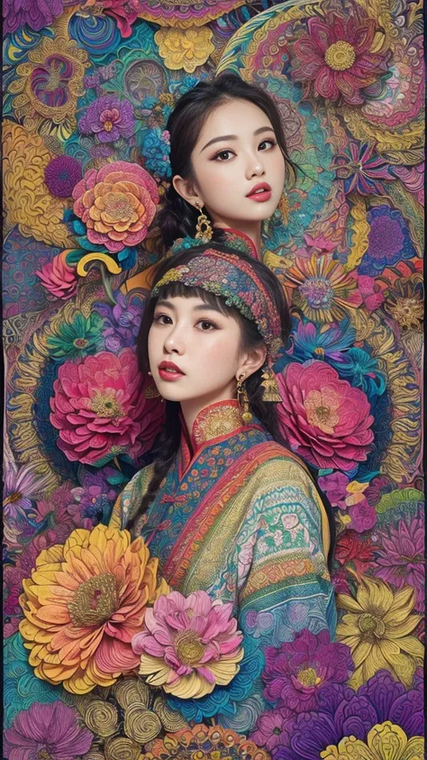 (masterpiece, highest quality, highest quality, Official Art, beautifully、aesthetic:1.2), (One girl:1.3), Very detailed,(Fractal Art:1.1),(colorful:1.1)(Flowers:1.3),Most detailed,(Zentangle:1.2), (Dynamic pose), (Abstract background:1.3), (Chinese traditi...