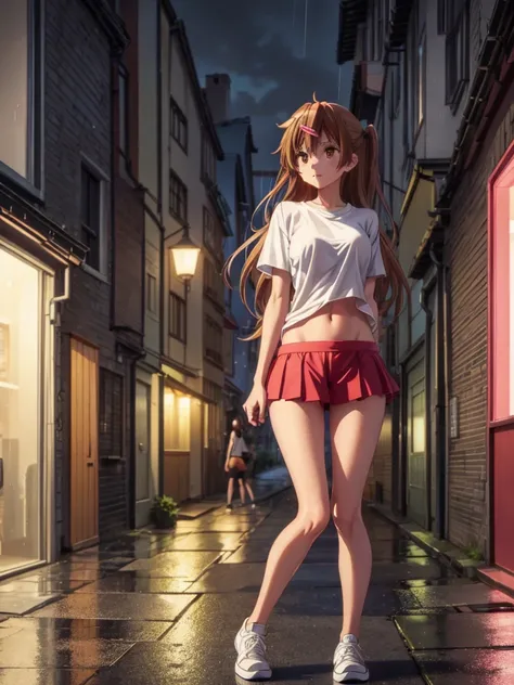 Girl, slim tight t-shirt, short Skirt, navel shown, street background, openlegs, in Sneakers, night, Narrow alley between houses, night, rain, You can see the ass 