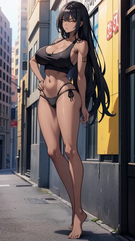 Masterpiece, best quality, high resolution, 1 woman, Karin , black skin , black hair , golden eyes , black tank top , black bikini , abdomen , big breasts, Long legs , Barefoot , Put your hands on your hips. , stand perfectly erect , alley , tall building 