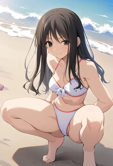 One girl,((Tsubame)),smile、Gentle expression、Welcome、Ocean、beach、slender body,ideal ratio body proportions,Cute Bikini、Sexy pose,squatting、A complete depiction of the human body,masterpiece, Highest quality, Game CG, ultra detailed、highres、extremely detail...