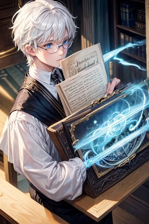 A boy with white hair and blue eyes who has magic from Hogwarts School of Magic. Stays in the Hufflepuff house and wears glasses.