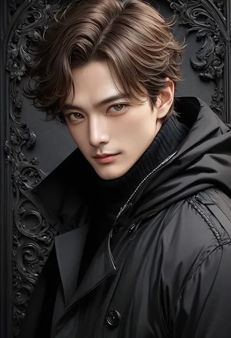    Handsome mature young boy dynamic full body photo, close-up of brown-haired man wearing black windbreaker( perfect anatomy ) Face side close-up. Detailed face. realistic eyes. 

               The face and eyes are very detailed. Delicate skin.、Delicate...