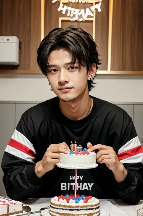 A birthday cake with stray kids felix face 