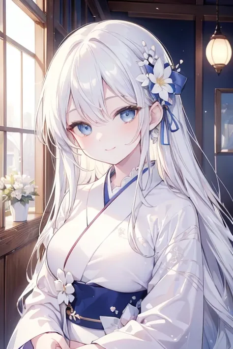 (best quality, high resolution, masterpiece:1.2), perfect face, (Gentle smile), delicate eyes, elegant,blue eyes, Big , wearing a white and brown elegant kimono, flowers, long white hair, looking at the audience